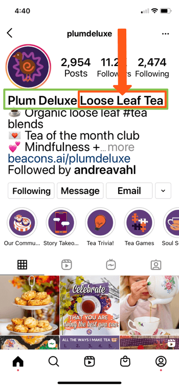 пример instagram профил за @splumdeluxe, показващ ключови думи на 'plum deluxe' и 'чай от насипни листа' в биографията на тяхната страница, което им позволява да се показват добре в резултатите от търсенето