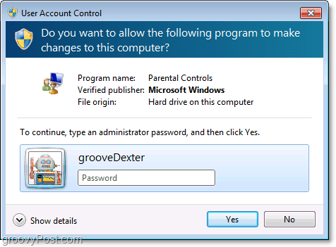 можете да отмените restrcition за родителски контрол в Windows 7, като въведете администраторска парола