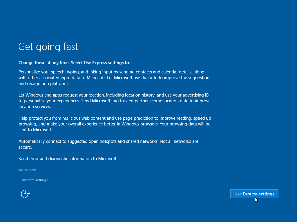 13 Използване на експресни настройки Windows 10 Clean Install