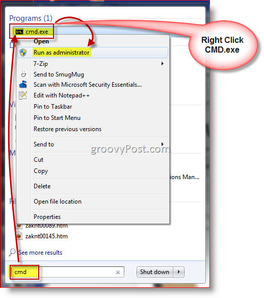 Стартирайте CMD.exe командния ред на Windows като администратор
