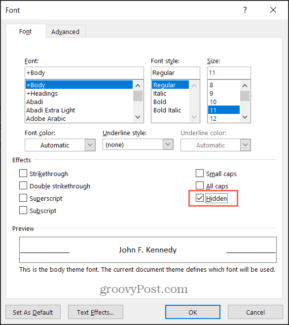 Поставете отметка в квадратчето за скрит текст в Microsoft Word за Windows