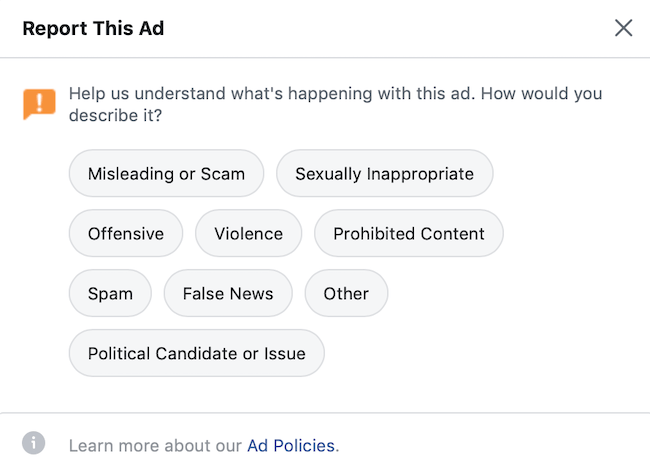 потребителски опции за обратна връзка с реклами във Facebook