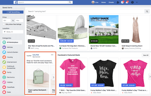 Страниците също могат да пускат реклами във Facebook Marketplace.
