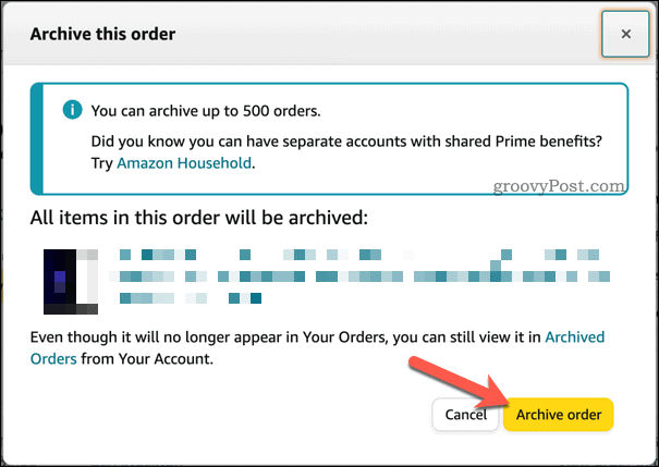 Потвърждаване на архивирането на поръчки в Amazon
