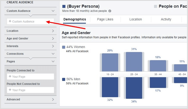 Във Facebook Audience Insights изберете персонализирана аудитория, която сте създали.