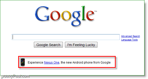 Nexus един се рекламира на началната страница на google.