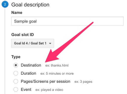 изберете дестинация като тип цел в Google Analytics