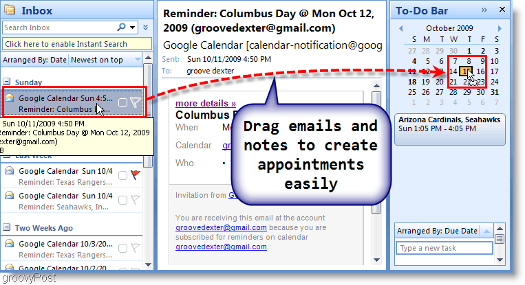 Лента за задачи на Outlook 2007 - Плъзнете имейл до календара