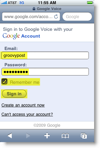 Страница за вход в Google Voice