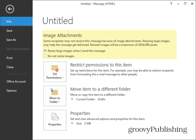 Преоразмеряване на изображенията за съобщение в Outlook 2013