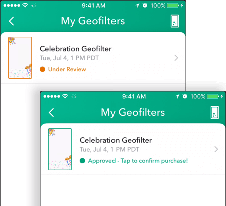 След като вашият Snapchat геофилтър бъде одобрен, състоянието му ще се покаже одобрено на екрана My Geofilters.