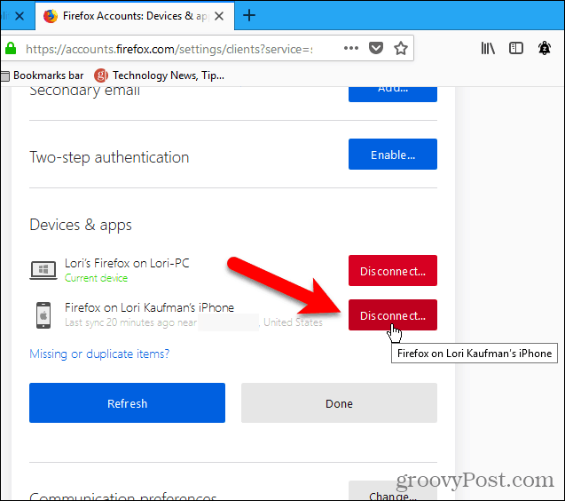 Изключете устройство с Firefox за Windows