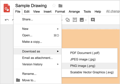 Изберете Файл> Изтегляне като> PNG изображение (.png), за да изтеглите своя дизайн на Google Рисунки.