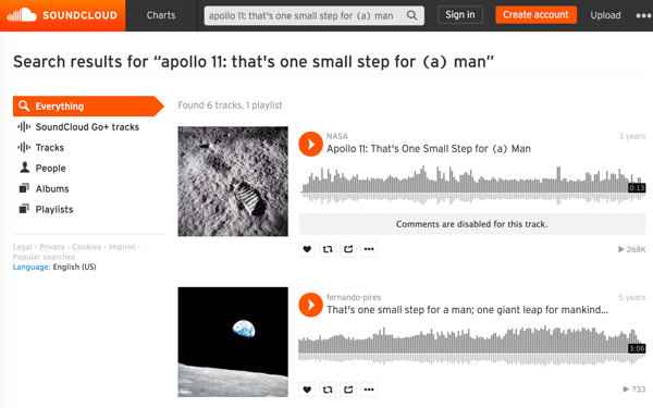 Потърсете медийните файлове на NASA в SoundCloud, за да намерите и изтеглите аудиото на емблематични исторически моменти като първата разходка на Луната.