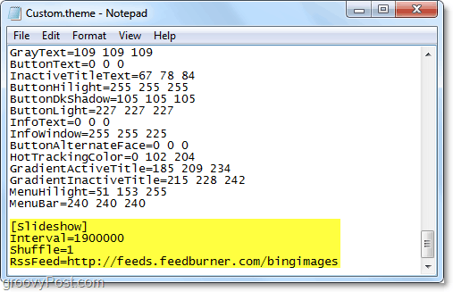 покрай rss кода на слайдшоуто в Windows 7 .theme файла