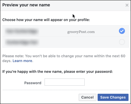 Потвърждаване на промяна на името на Facebook