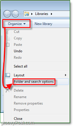 в Windows 7, за да стигнете до прозореца с опции на папките, щракнете върху организация и след това щракнете върху папки и опции за търсене