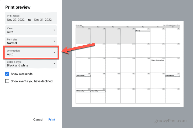 ориентация на календара на Google