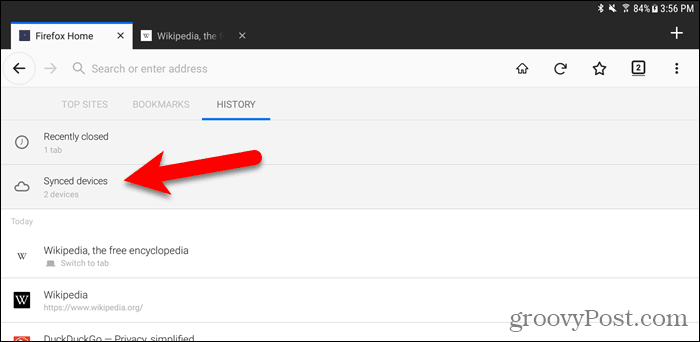 Докоснете Синхронизирани устройства в Firefox за Android