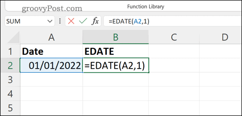 Въведете формула EDATE в лентата с формули в Excel