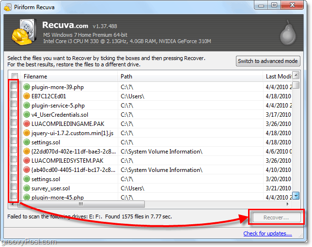 възстановяване на файлове от изтриване с помощта на recuva, изберете asmay файлове, както искате
