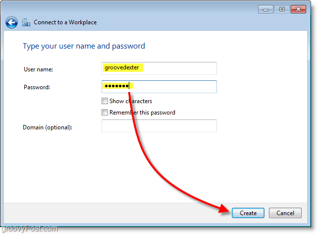 въведете вашето потребителско име и парола и след това създайте връзката в Windows 7