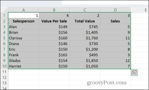 Excel избрани клетки