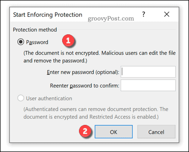 Опции за изпълнение за защита на документи на Word