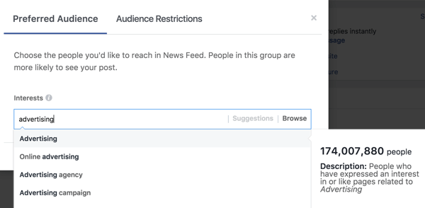 След като въведете интерес, Facebook ще ви предложи допълнителни етикети за интерес.
