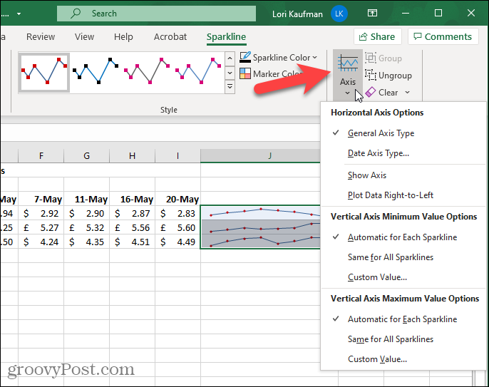 Бутон за ос в раздела Sparkline в Excel