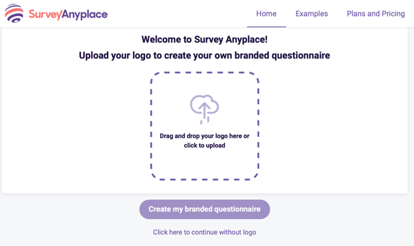 Проучете Anyplace добре дошли и качване на лого за марков въпросник.