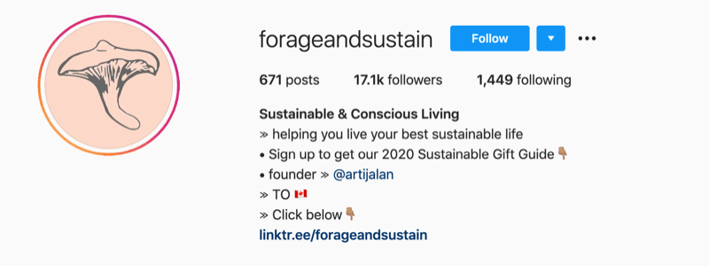 пример за потребителски профил от @forageandsustain с бележка в информацията за техния профил, за да щракнете върху биологичната връзка за повече