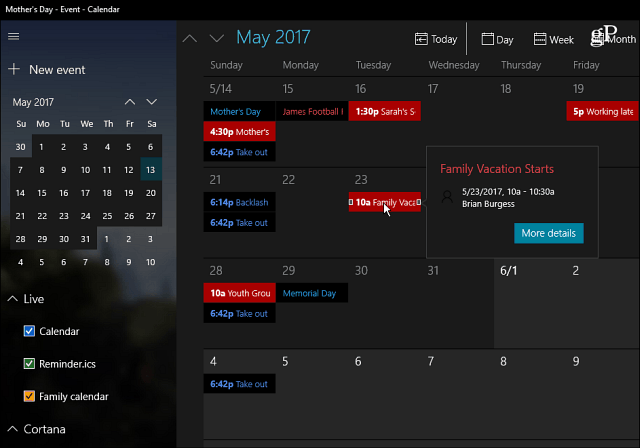 Приложението за календар 10 за Windows