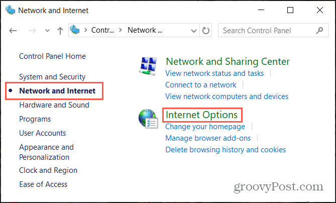 Мрежови интернет опции в контролния панел на Windows