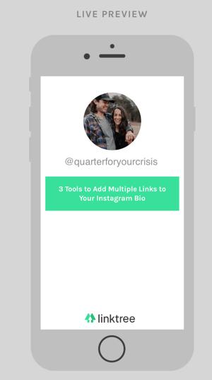 Вашето табло за управление Linktree показва преглед на страницата с връзки, която хората виждат, след като щракнат върху URL адреса във вашата биография в Instagram.