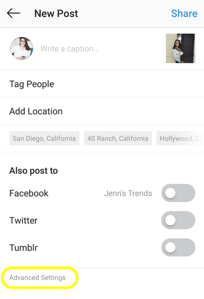 Как да добавите алтернативен текст към публикации в Instagram, стъпка 1, нова опция за разширена настройка на Instagram post