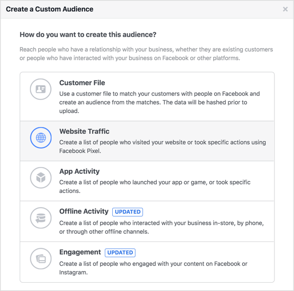 Създайте персонализирана аудитория във Facebook въз основа на трафика на вашия уебсайт.