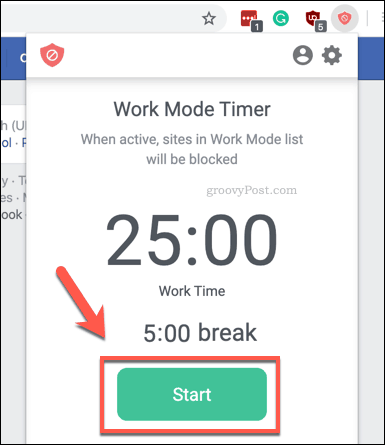 Стартиране на таймера на BlockSite Work Mode