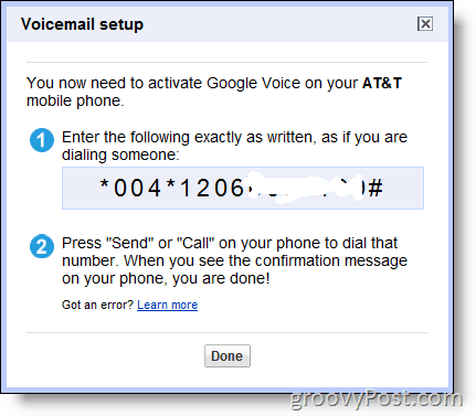 Екранна снимка - Активирайте Google Voice за номер, който не е в Google, и & t