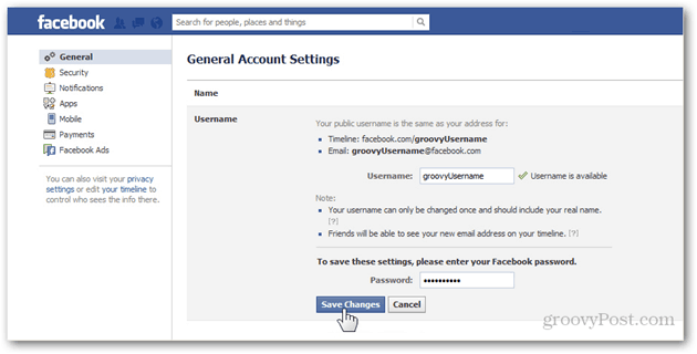 facebook общи настройки за настройките на акаунта управляват общото потребителско име за парола запазване на промените потвърждават