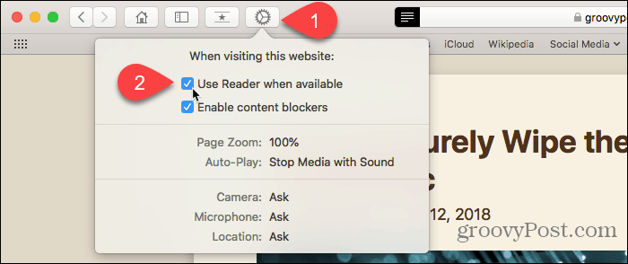 Използвайте бутона Предпочитания за уебсайтове в Safari за Mac