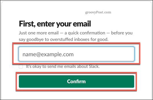 Предоставяне на имейл за създаване на акаунт в Slack
