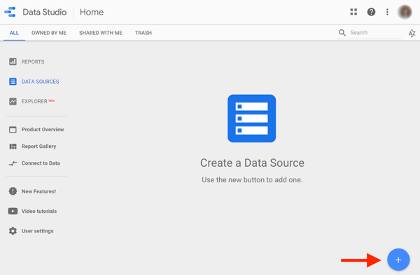 Използвайте Google Data Studio, за да анализирате рекламите си във Facebook, стъпка 1, опция за създаване на източник на данни в Google Data Studio