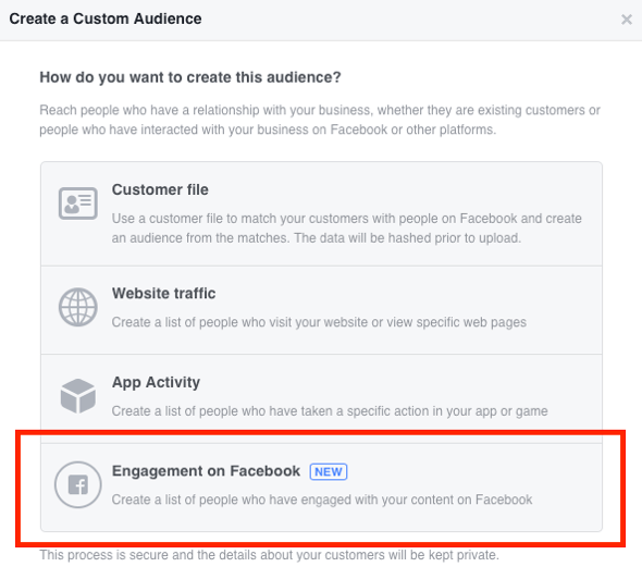 Изберете Engagement във Facebook като тип персонализирана аудитория, която искате да създадете.