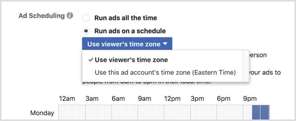 Изберете опцията Използване на часовата зона на Viewer за вашата кампания във Facebook.