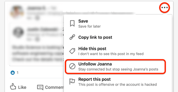 екранна снимка на... падащо меню за публикация в LinkedIn с опцията Unfollow, закръглена в червено