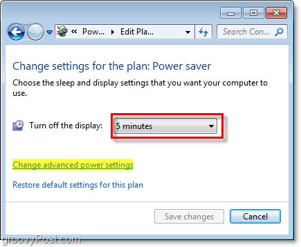 редактирайте основните настройки на плана за икономия на енергия на Windows 7 и щракнете върху разширената връзка, за да редактирате разширените