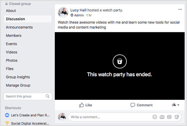 Публикация на парти за гледане във Facebook в емисията на групата.