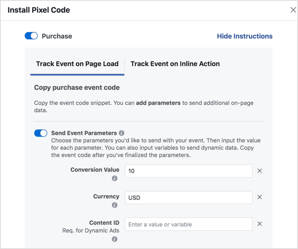 Задайте параметри за генериране на кода на събитието във Facebook, от който се нуждаете.