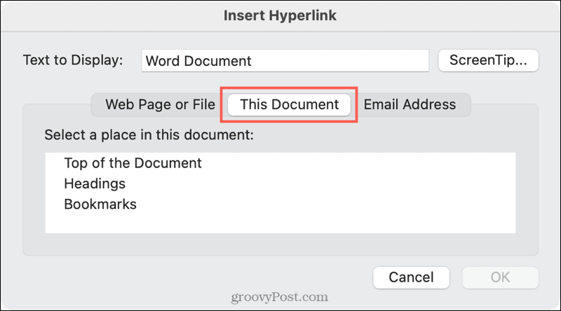 Връзка към местоположение на документ в Word на Mac